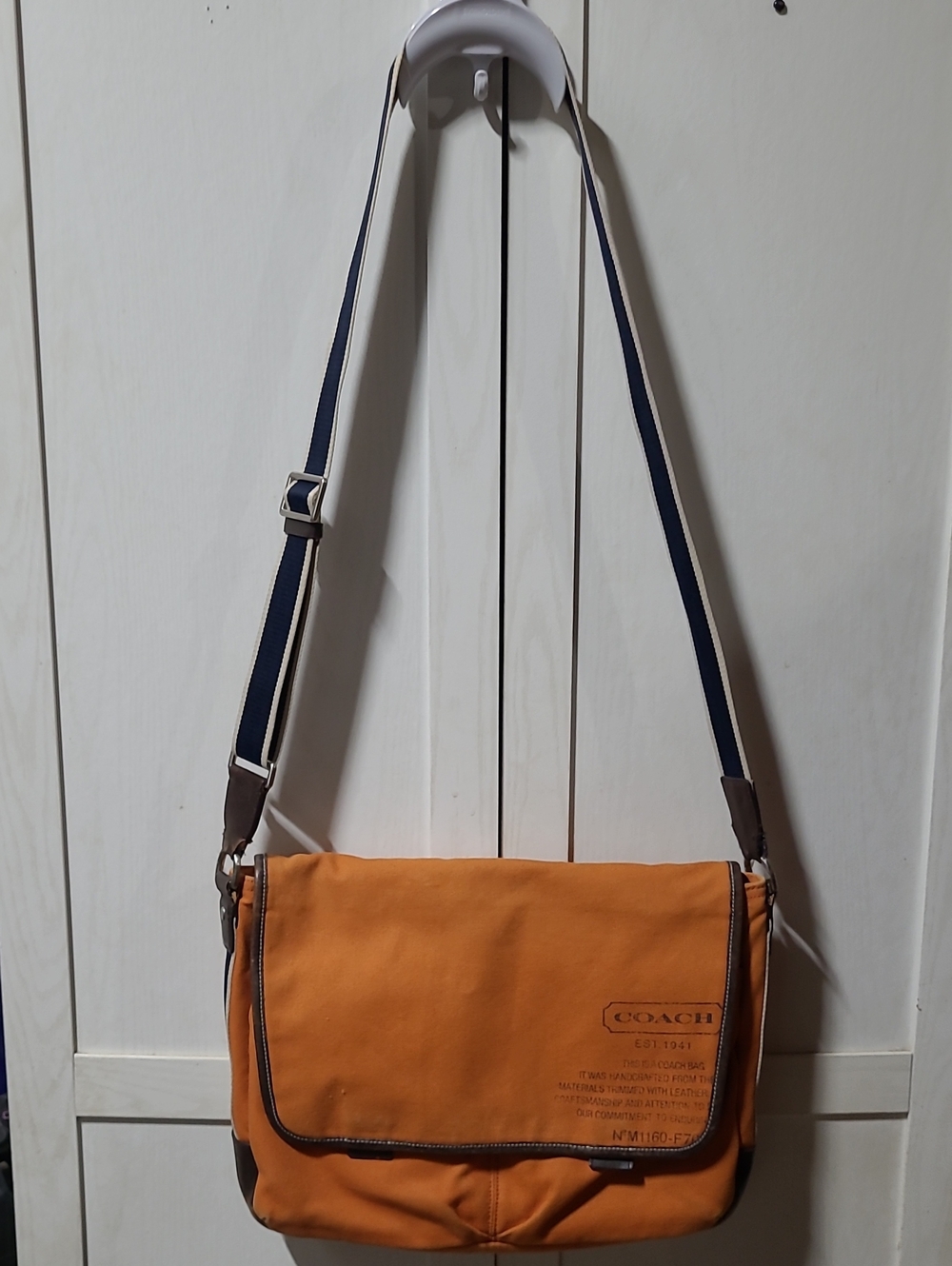 Coach Orange Canvas Messenger Bag with Navy Strap